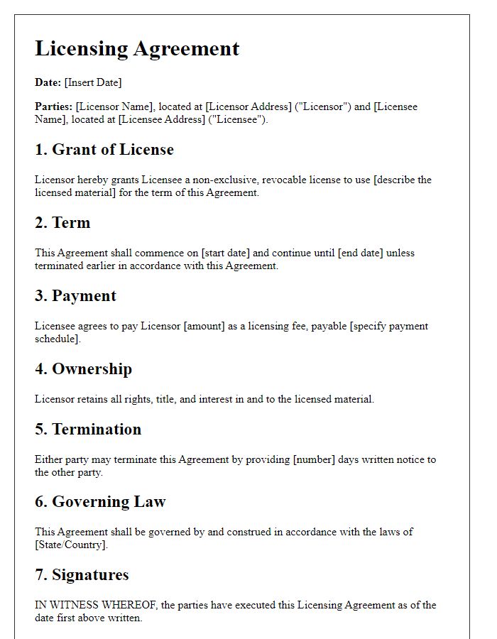 Letter template of licensing agreement for legal oversight