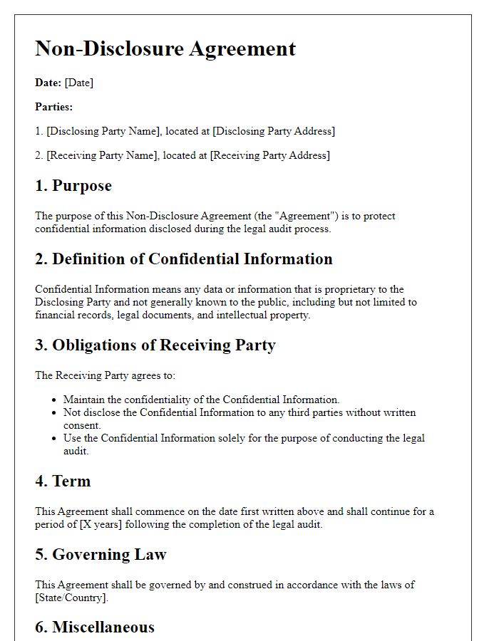 Letter template of non-disclosure agreement for legal audit