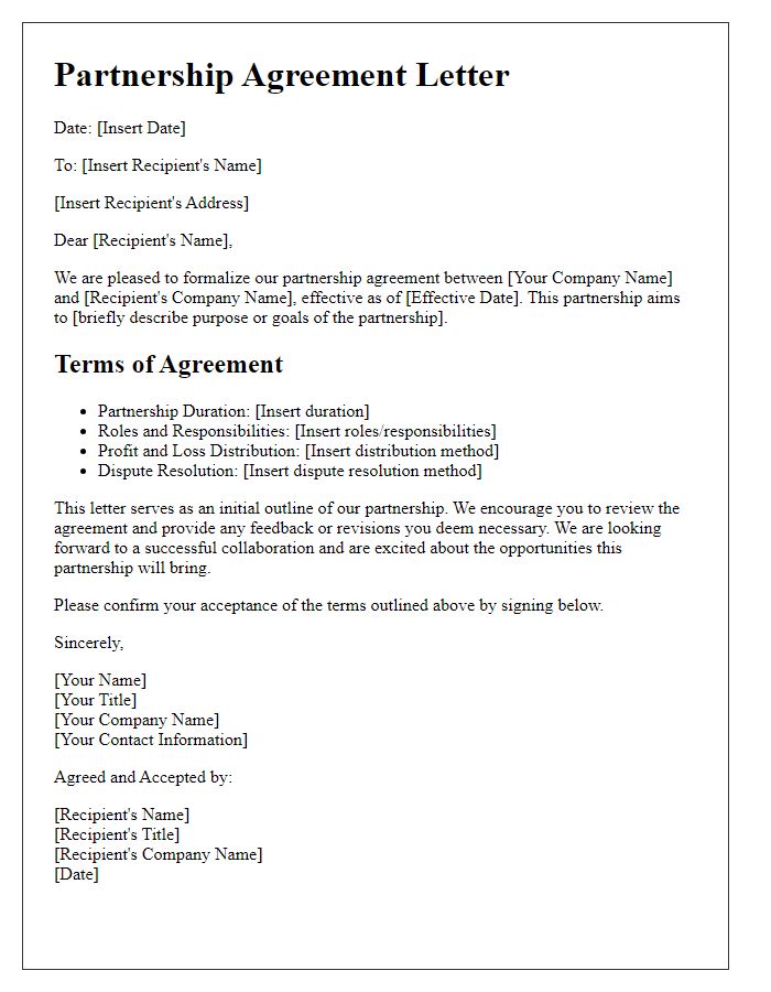 Letter template of partnership agreement for legal review