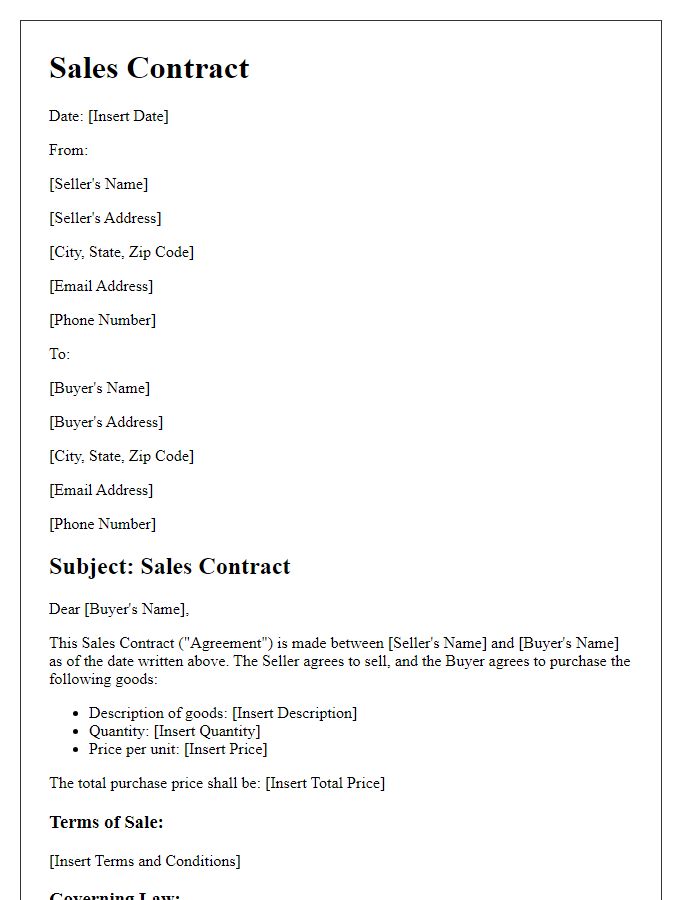 Letter template of sales contract for legal examination