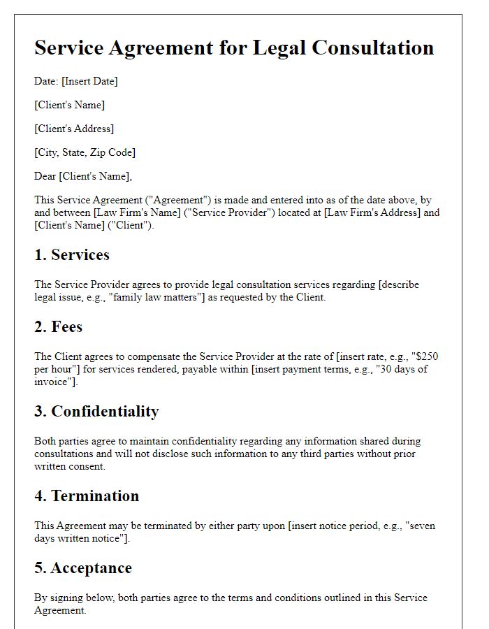 Letter template of service agreement for legal consultation