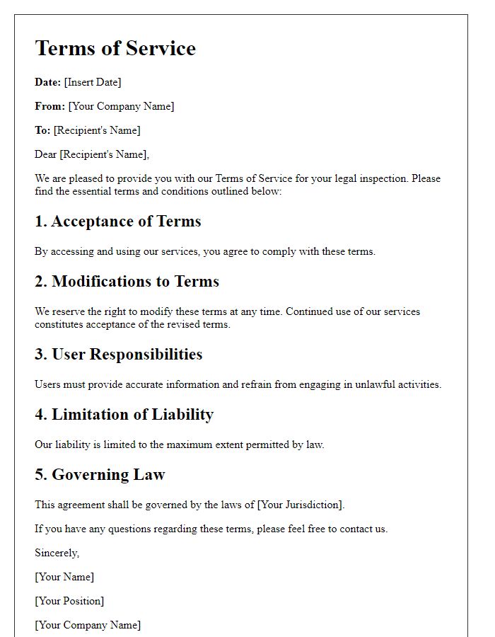 Letter template of terms of service for legal inspection