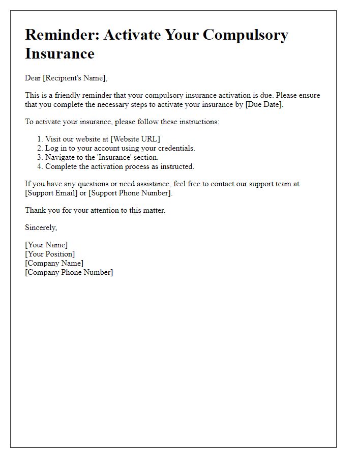 Letter template of compulsory insurance activation reminder