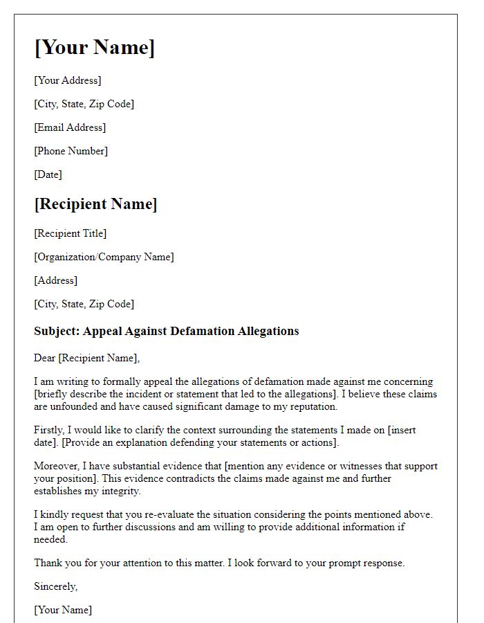 Letter template of appeal against defamation allegations