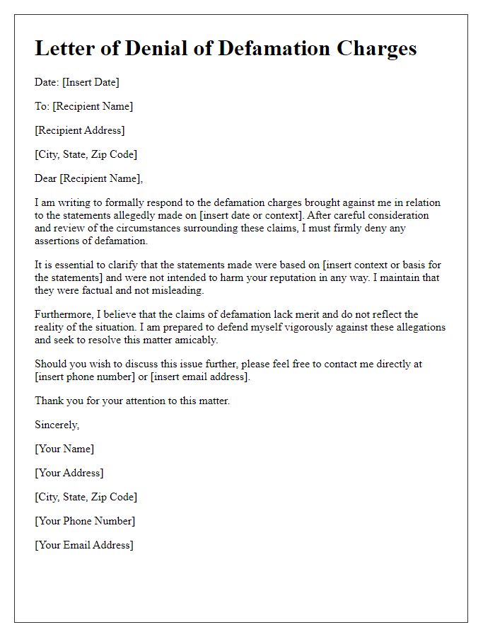 Letter template of denial of defamation charges