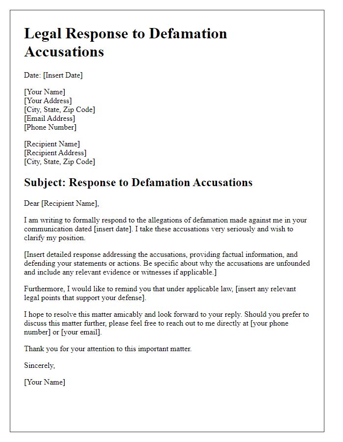 Letter template of legal response to defamation accusations