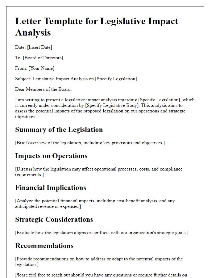 Letter template of legislative impact analysis for board of directors