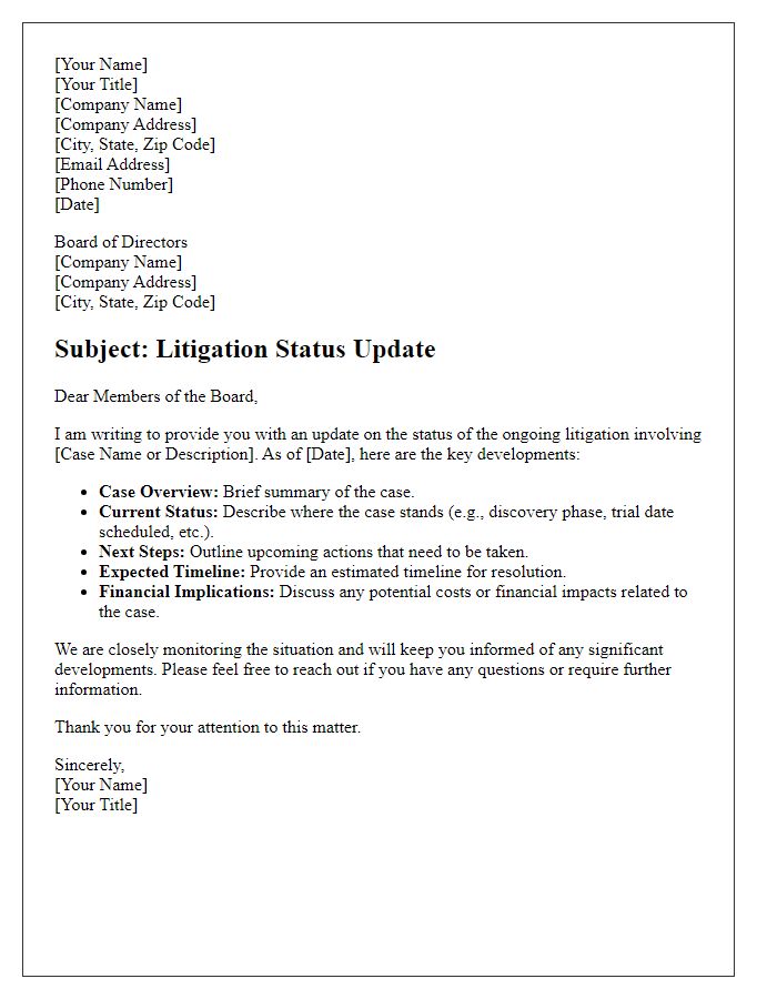 Letter template of litigation status for board of directors