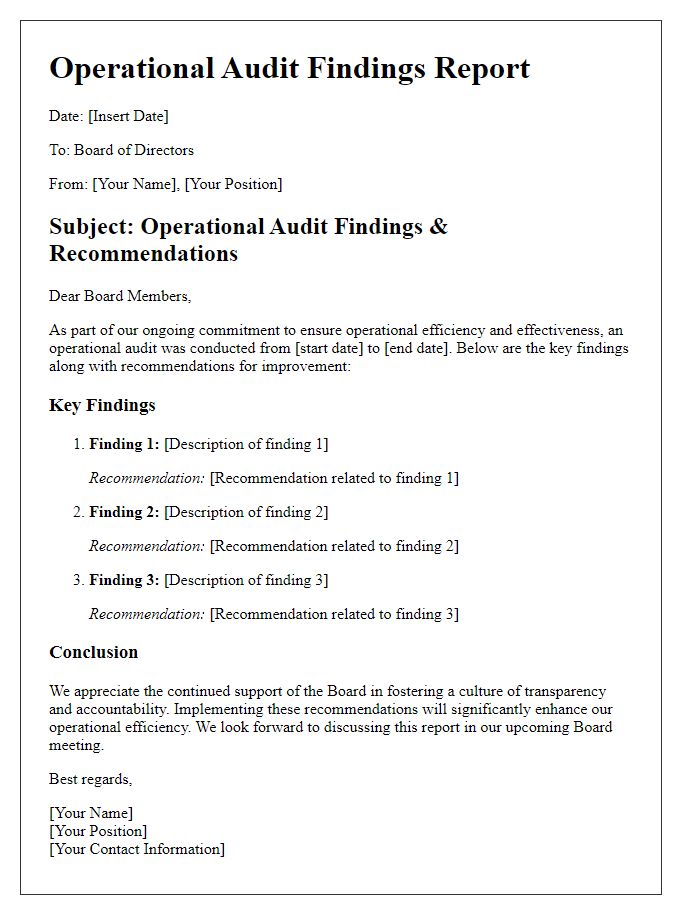 Letter template of operational audit findings for board of directors