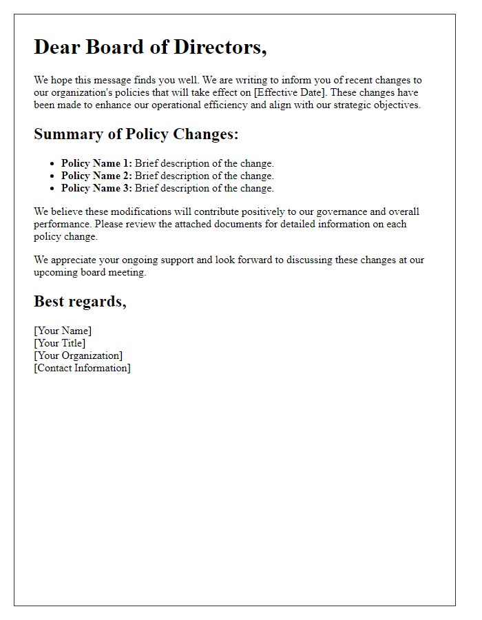 Letter template of policy changes for board of directors