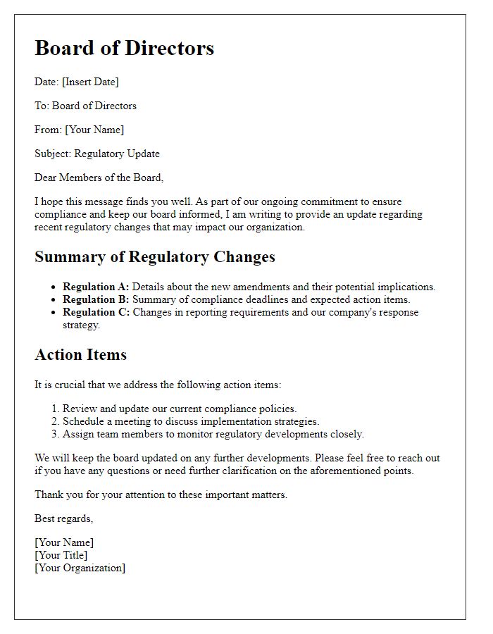 Letter template of regulatory update for board of directors