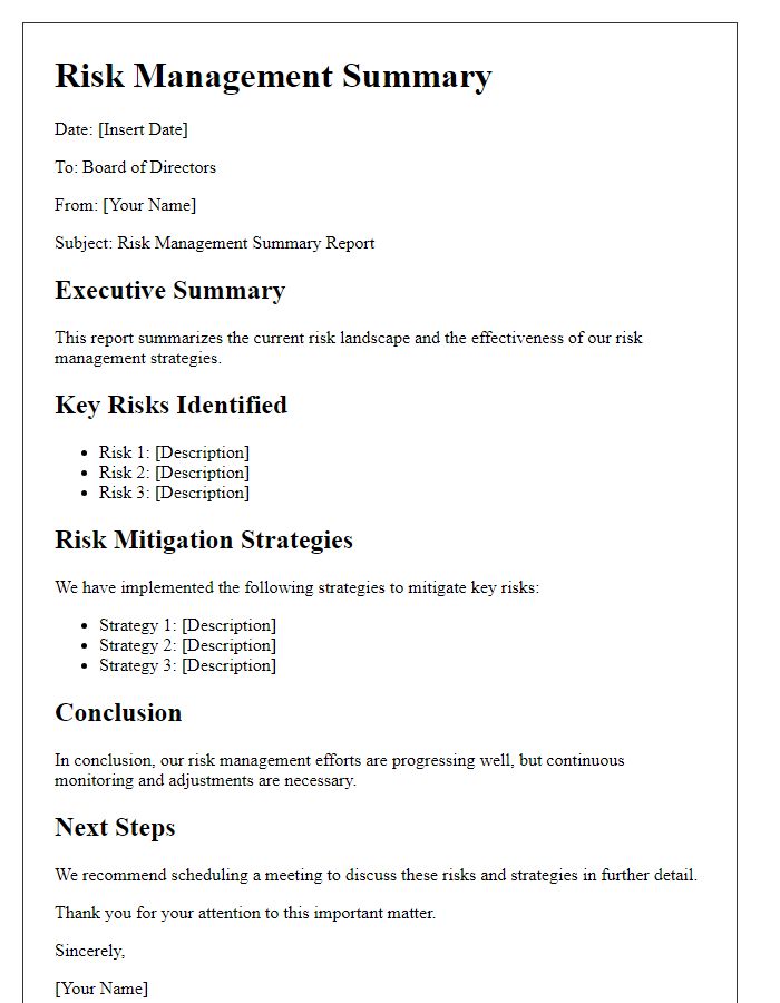 Letter template of risk management summary for board of directors