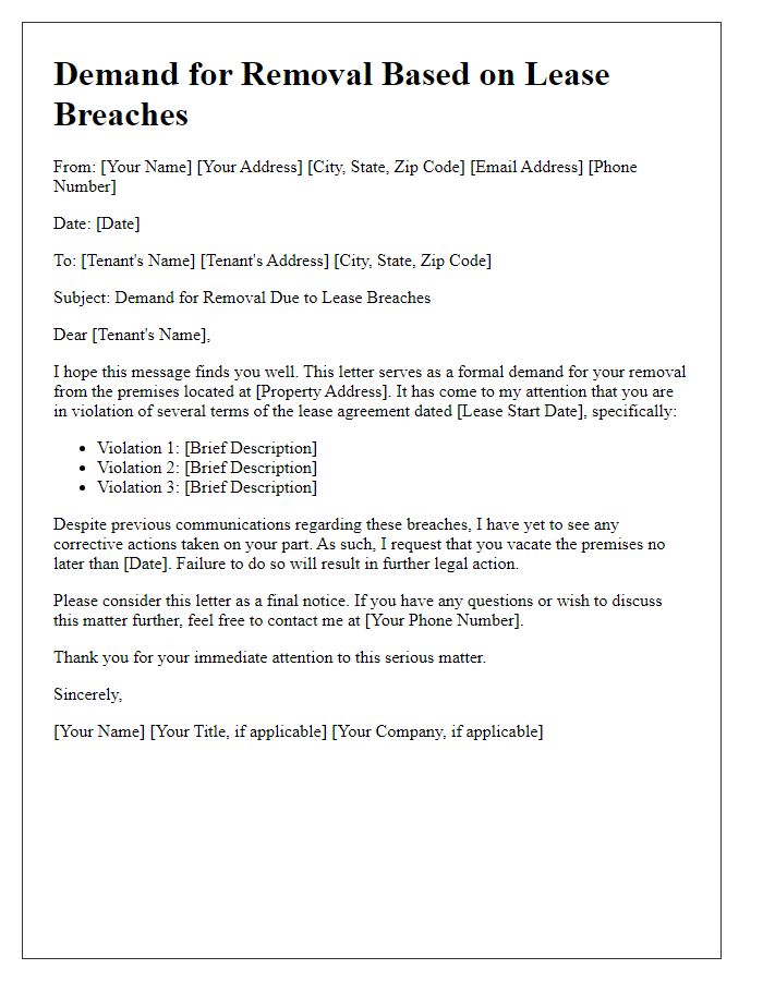 Letter template of demand for removal based on lease breaches.