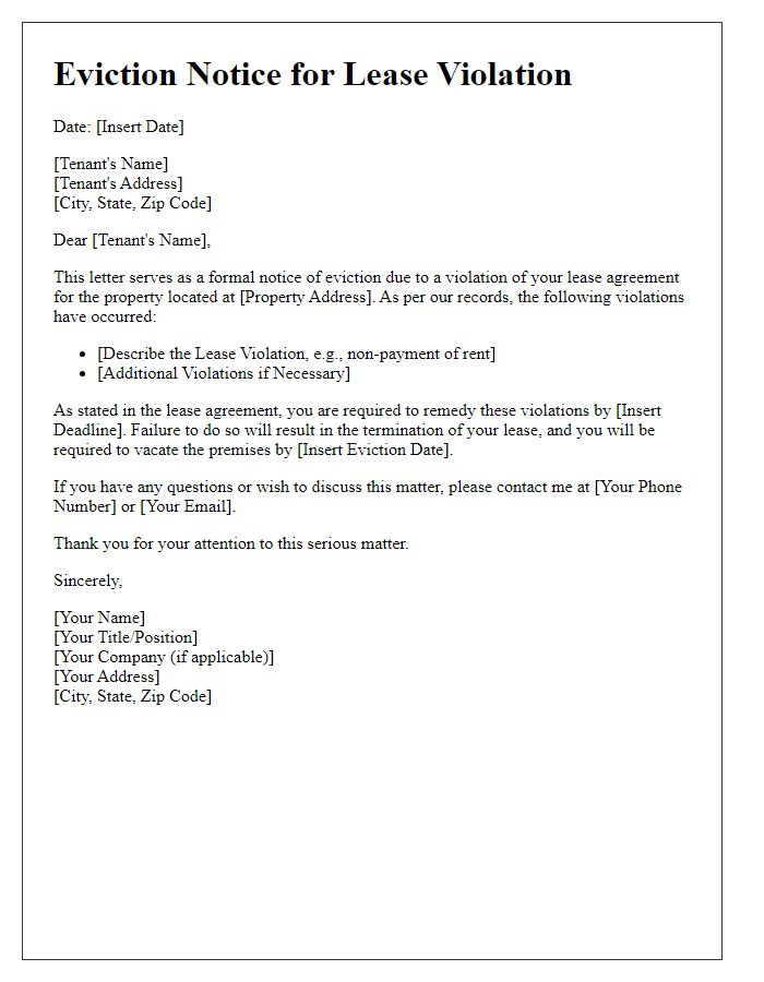 Letter template of eviction notice for lease violation.