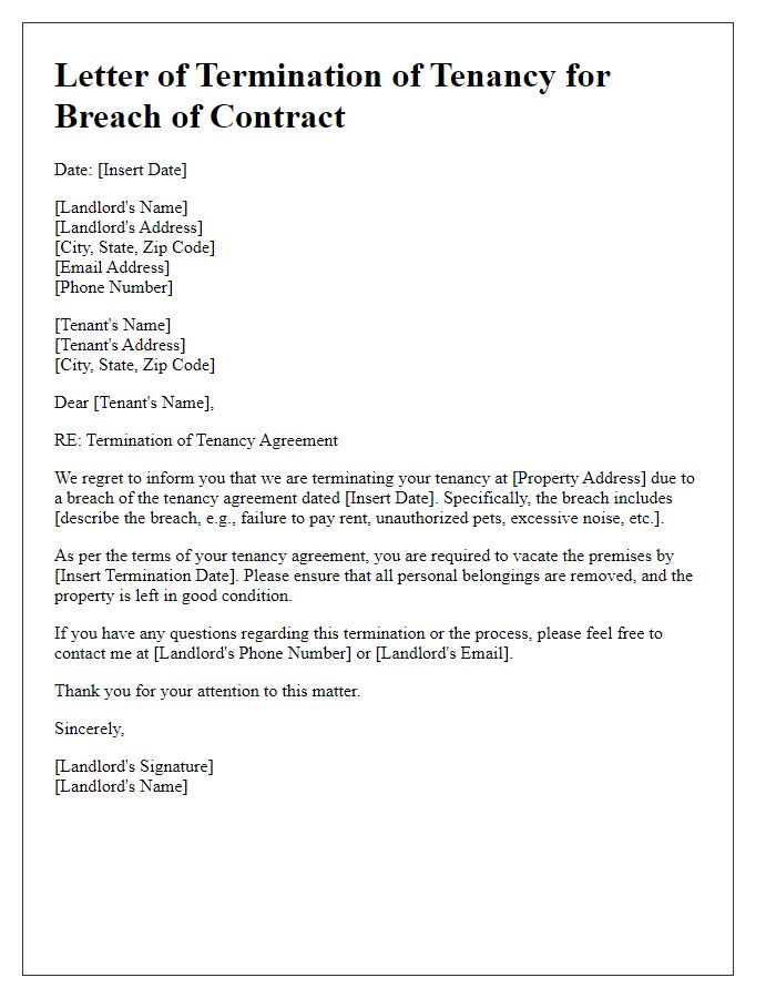 Letter template of termination of tenancy for breach of contract.