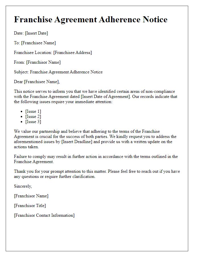 Letter template of Franchise Agreement Adherence Notice