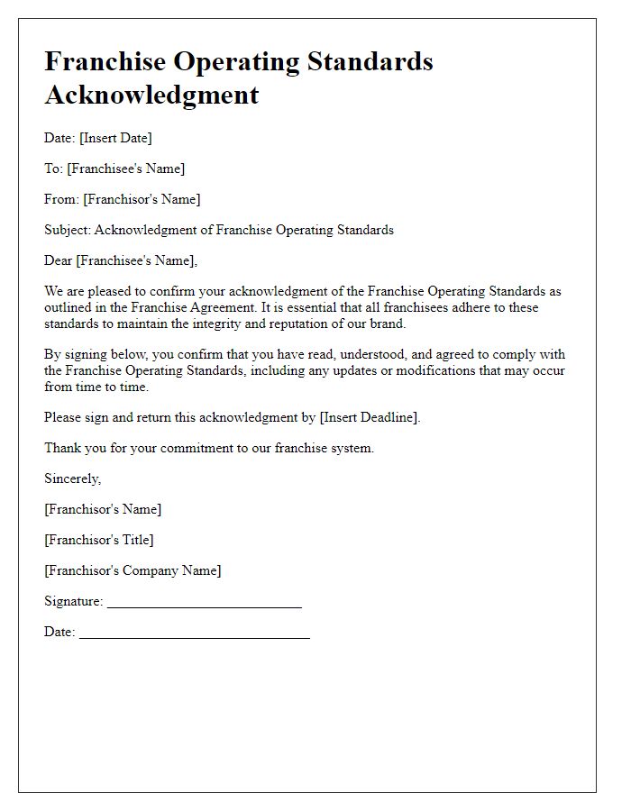 Letter template of Franchise Operating Standards Acknowledgment