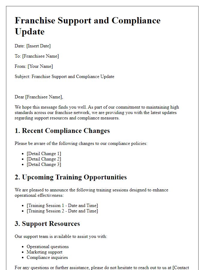 Letter template of Franchise Support and Compliance Update