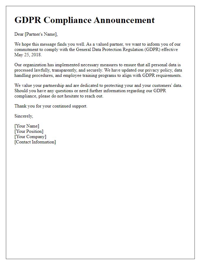 Letter template of GDPR compliance announcement for partners.