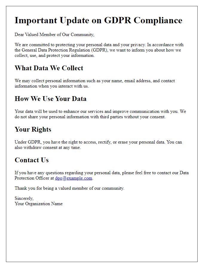 Letter template of GDPR compliance communication for the public.