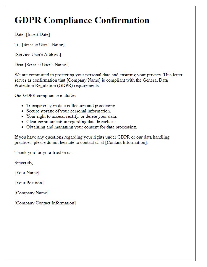 Letter template of GDPR compliance confirmation for service users.