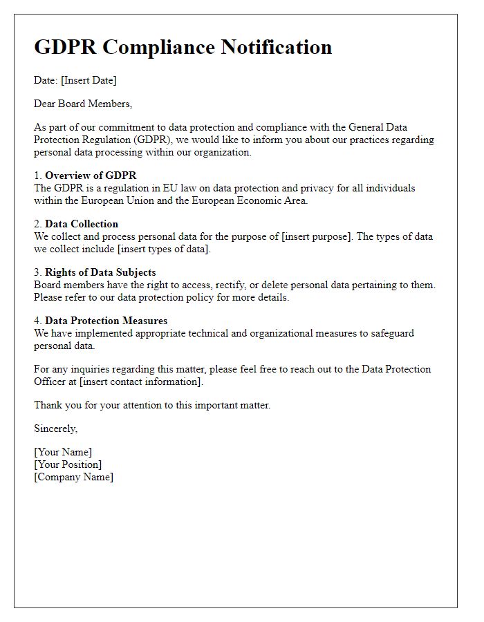 Letter template of GDPR compliance notification for board members.