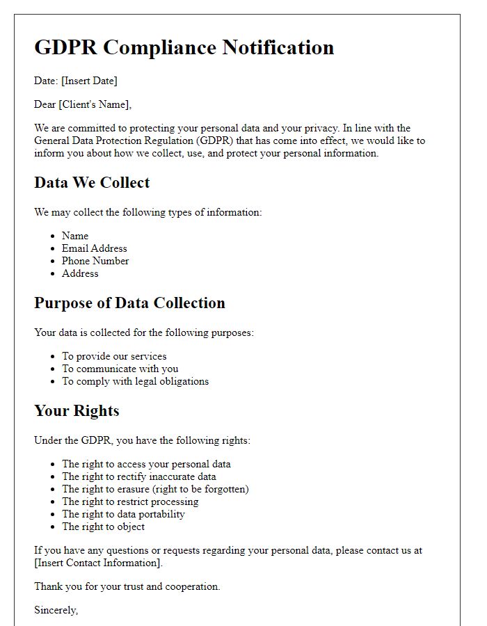 Letter template of GDPR compliance notification for clients.