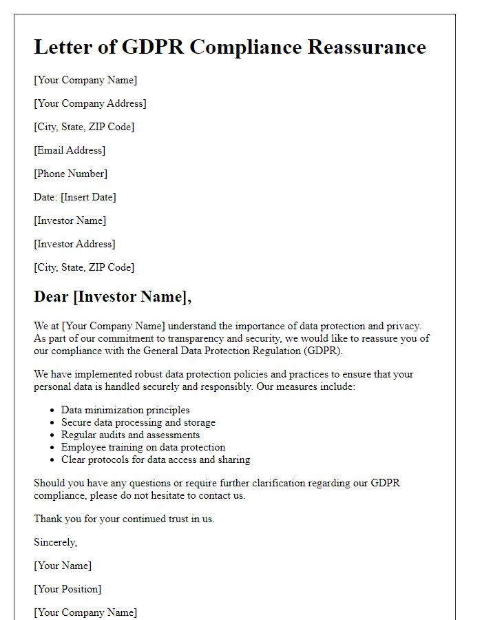 Letter template of GDPR compliance reassurance for investors.