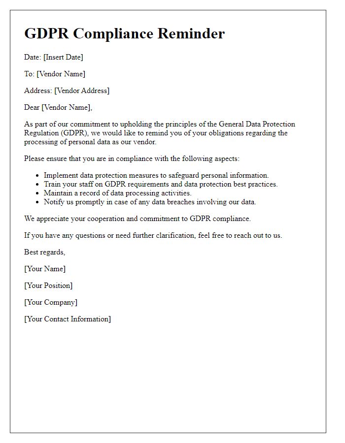 Letter template of GDPR compliance reminder for vendors.