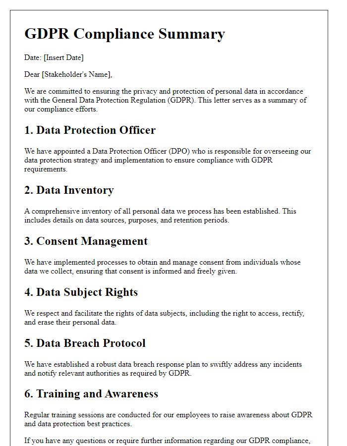 Letter template of GDPR compliance summary for stakeholders.