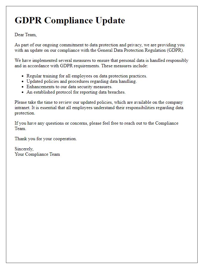 Letter template of GDPR compliance update for employees.