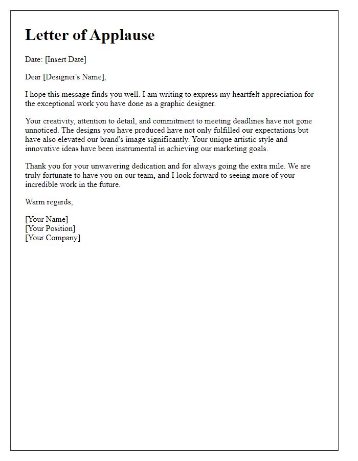 Letter template of applause for a dedicated graphic designer