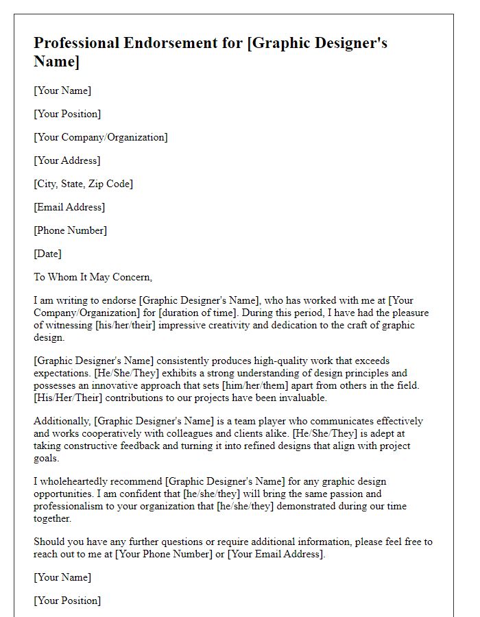 Letter template of professional endorsement for a graphic designer