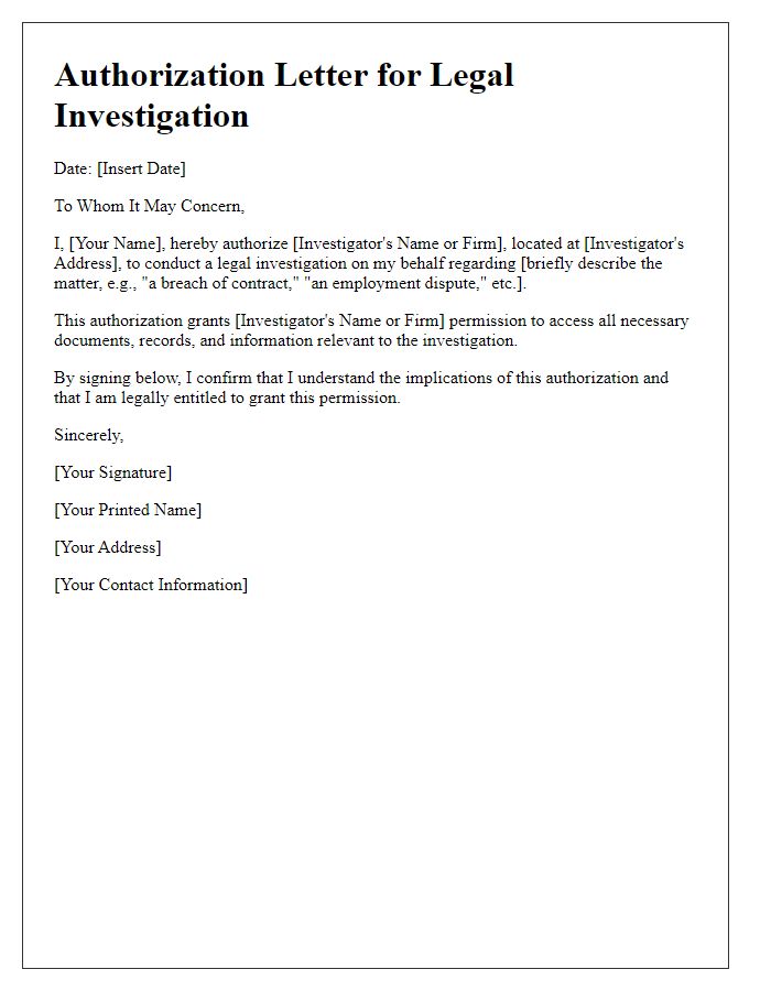 Letter template of authorization for a legal investigation process