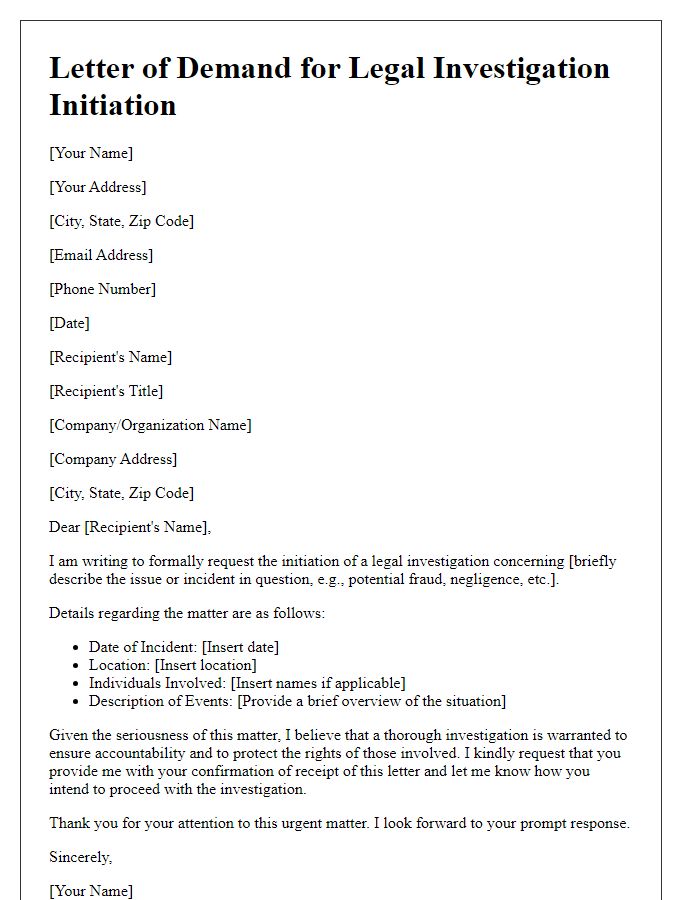 Letter template of demand for legal investigation initiation