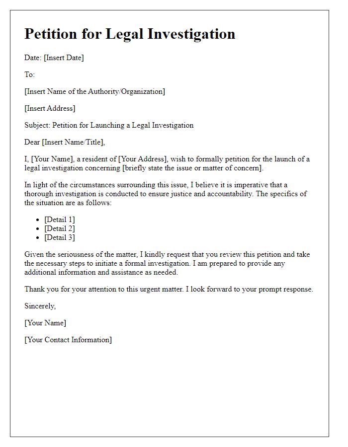 Letter template of petition for the launch of a legal investigation