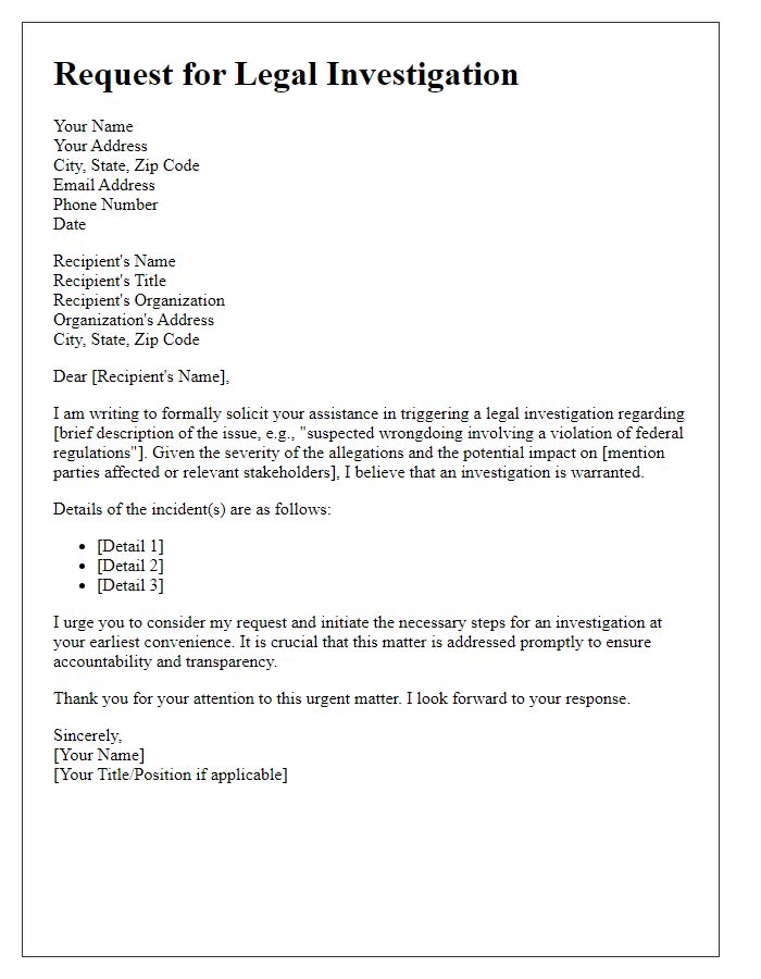 Letter template of solicitation for triggering a legal investigation