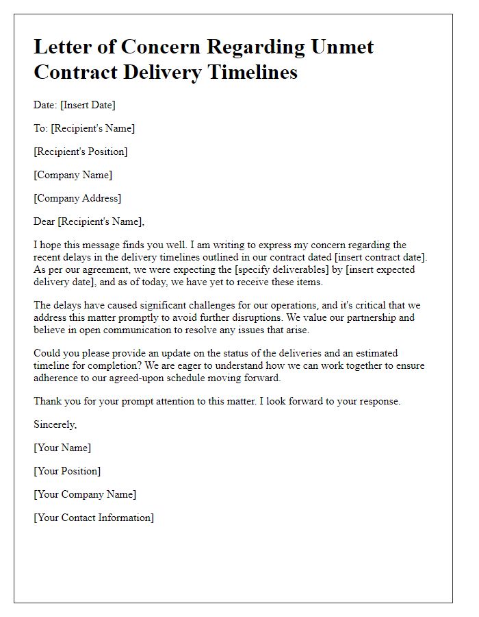 Letter template of concern regarding unmet contract delivery timelines.