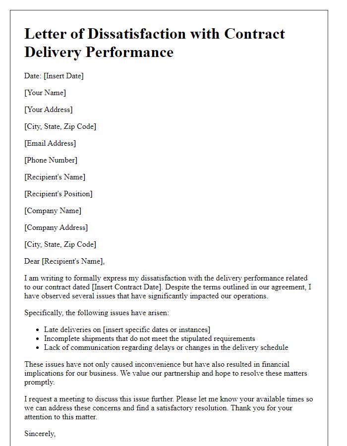 Letter template of dissatisfaction with contract delivery performance.