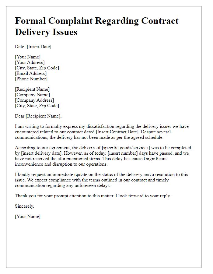 Letter template of formal complaint regarding contract delivery issues.