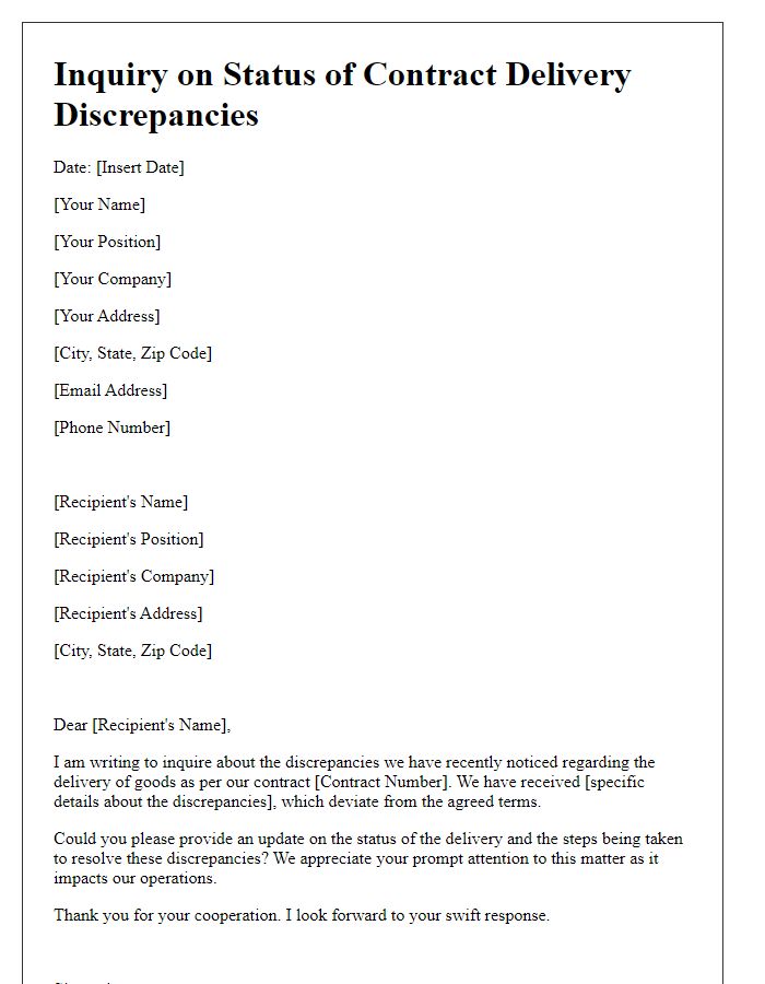 Letter template of inquiry on status of contract delivery discrepancies.