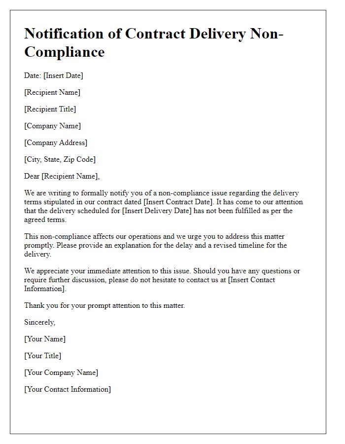 Letter template of notification concerning contract delivery non-compliance.