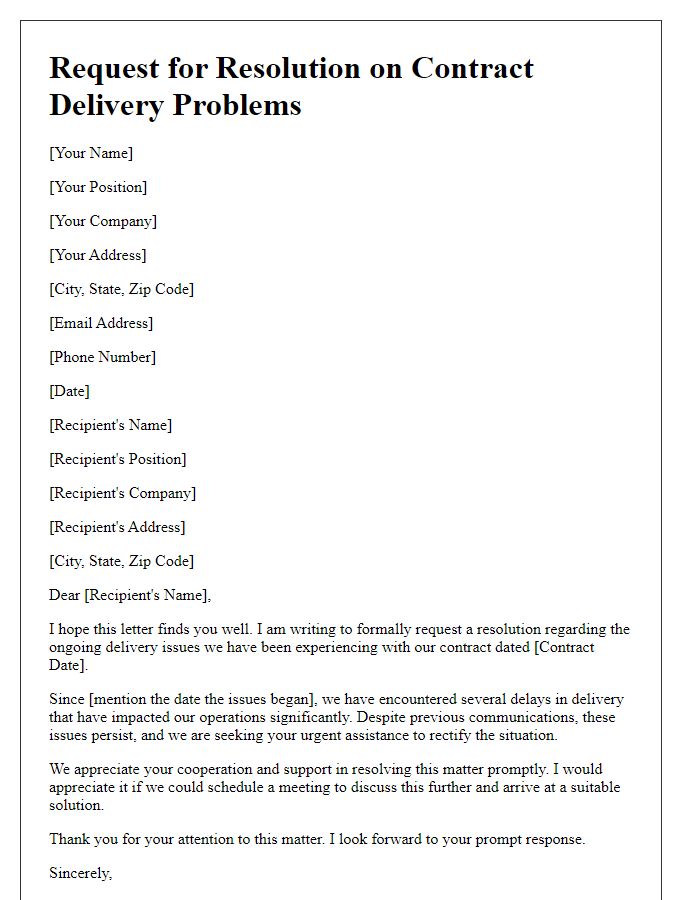 Letter template of request for resolution on contract delivery problems.