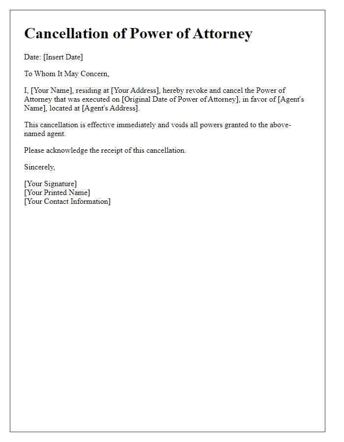 Letter template of Cancellation of Power of Attorney Document