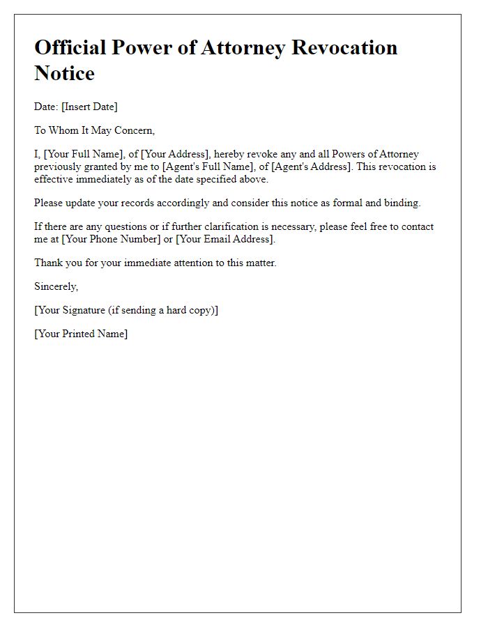 Letter template of Official Power of Attorney Revocation Notice