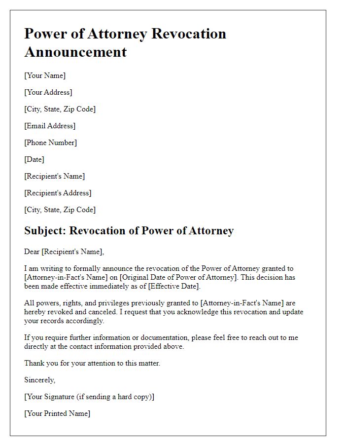 Letter template of Power of Attorney Revocation Announcement