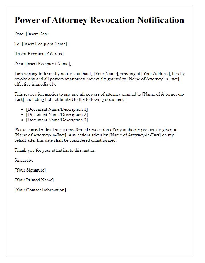 Letter template of Power of Attorney Revocation Notification