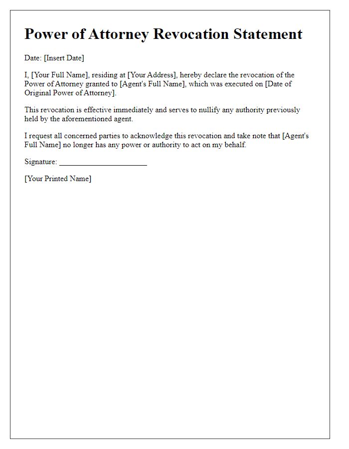 Letter template of Power of Attorney Revocation Statement