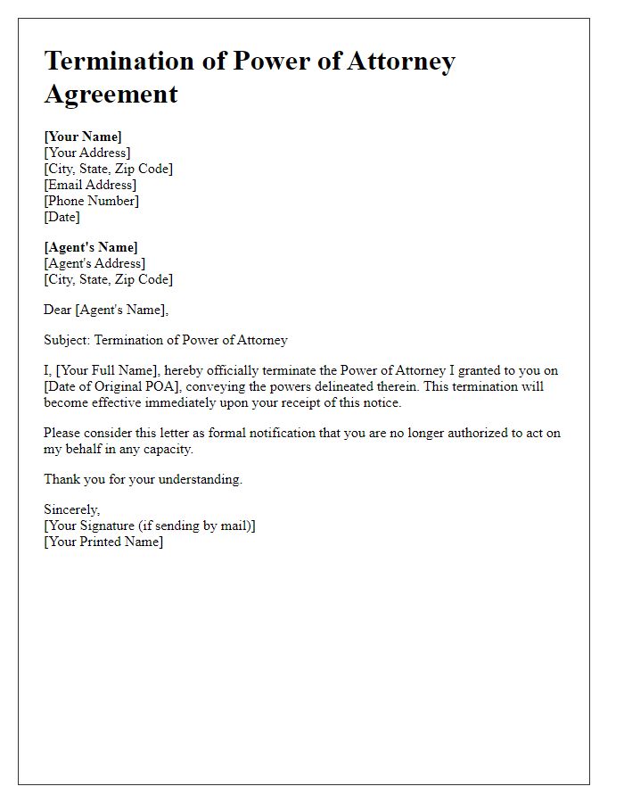 Letter template of Termination of Power of Attorney Agreement