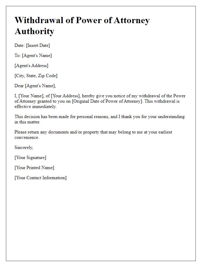 Letter template of Withdrawal of Power of Attorney Authority